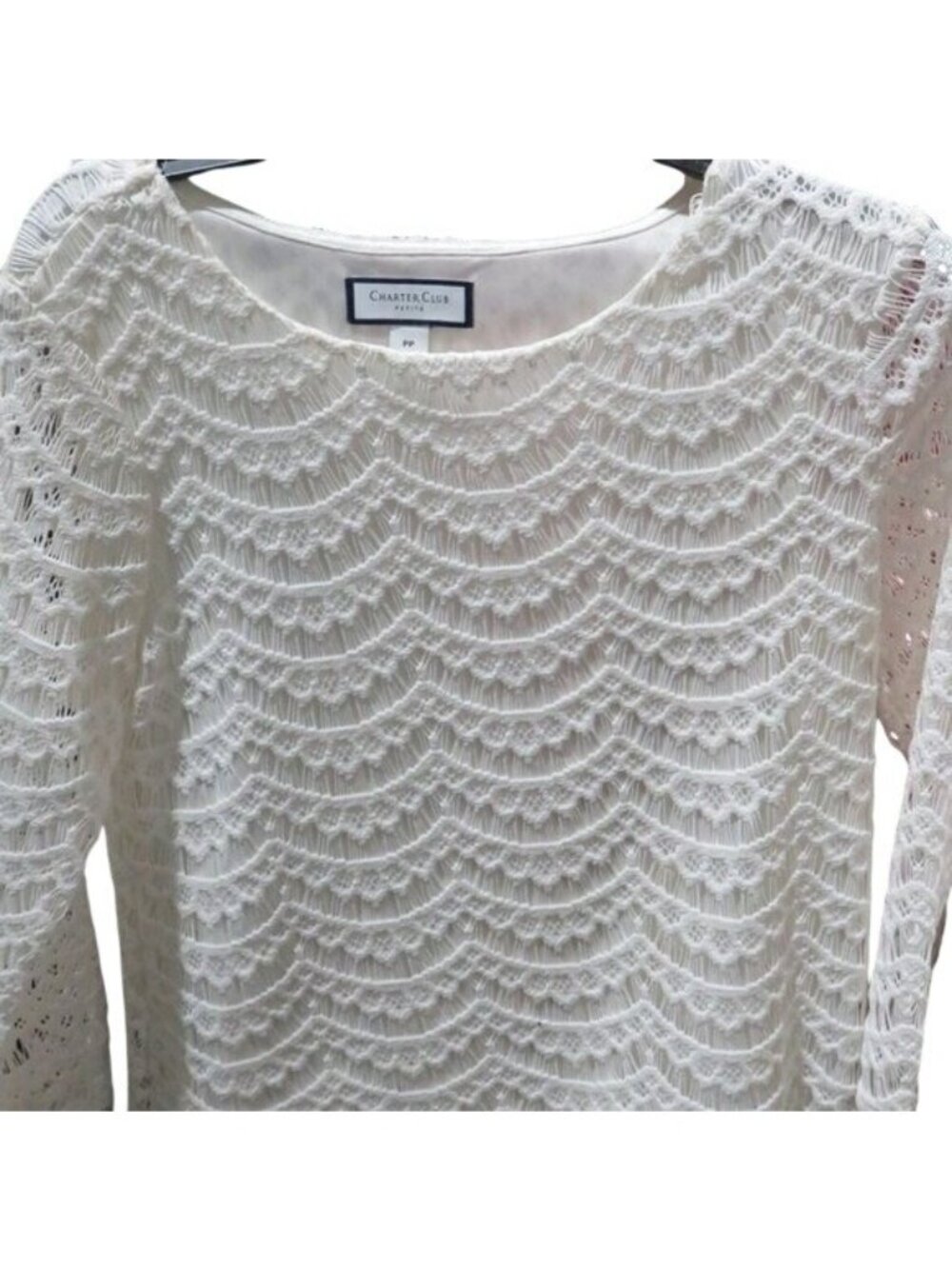Charter Club Petite White Knit lace top Long sleeve NEW